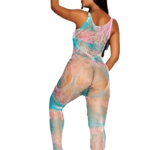 Sexy tie-dye fishnet bodysuit for women, sheer hollow out tight erotic clubwear lingerie.