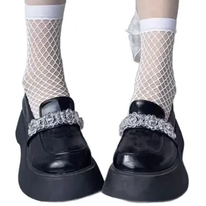 Lolita white fishnet socks with cute bow and black chunky platform crystal shoes set for women.