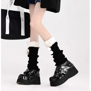 Women Winter Warm Lamb Wool Knitted Leg Warmers Cute Pom Pom Slouchy Calf Socks