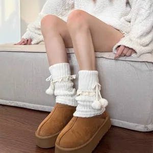 Winter knitted pom pom leg warmers sweet JK lolita lace stack socks cozy boot cuffs