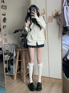Japanese style JK uniform white knit cardigan pleated skirt and fluffy pom-pom socks