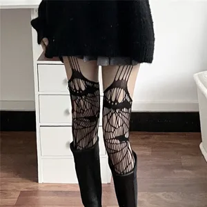 Collant a rete neri traforati con reggicalze per donna, calze eleganti in stile gotico.