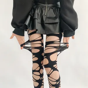 Detailed view of black distressed tights showcasing the high elasticity and unique gothic punk design.
