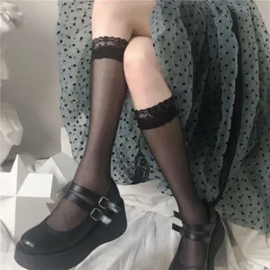 Black sheer lace mid-calf socks for women, cute JK style cute thin hosiery for summer outfits.