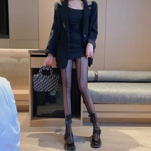 Black fishnet tights for women featuring chic ankle bows and a stylish hollow design, perfect for clubbing.