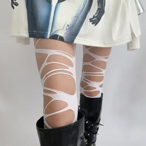 Gothic punk irregular ripped white fishnet tights hollow out pantyhose hosiery details