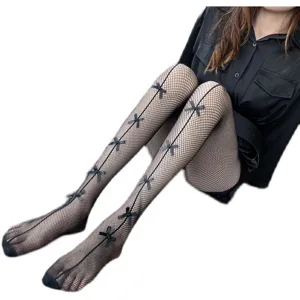 Black fishnet tights with cute bows, sexy hollow out gothic pantyhose for women rave clubwear