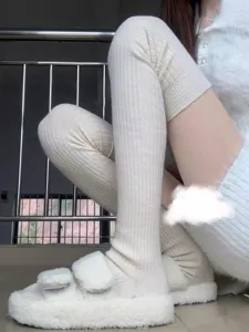 Women over-the-knee knit socks winter warm vertical striped long stockings casual leg warmers