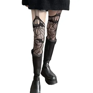 Donne nero cavo fuori rete collant con reggicalze calze gotiche alla moda sexy