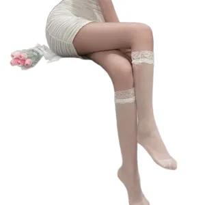Women sheer lace knee high socks sweet JK style white thin calf socks breathable hosiery