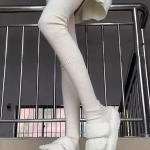 White ribbed over the knee socks warm winter knitted high thigh socks for women daily wear