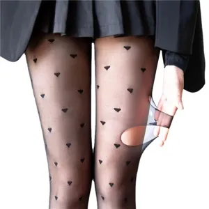 Ultra-thin sheer black pantyhose featuring cute heart polka dot patterns for summer.