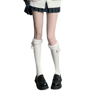 Japanese fleece lined over the knee socks with fluffy pom poms cozy winter knit stockings