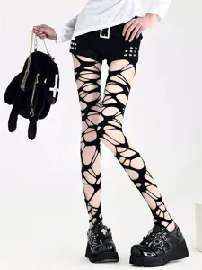 Plus size black sexy distressed fishnet tights with irregular hollow out design for women.