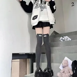 Anime style over-the-knee long socks with cute cat bear face, JK uniform high tube stockings.