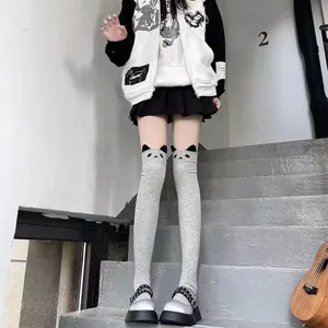 Cute grey panda ears over-the-knee long socks for women daily JK style wear cute