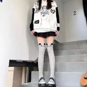 Detail view of grey panda over-the-knee socks with cute 3D ears for stylish JK daily outfits.