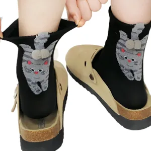 Funny 3D cat design mid-tube black socks for women, cute novelty casual funny cotton socks.