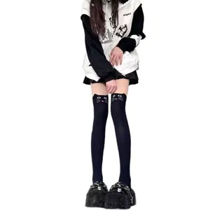 Cute cat over-the-knee high socks for women, sweet JK style black long stockings spring autumn.