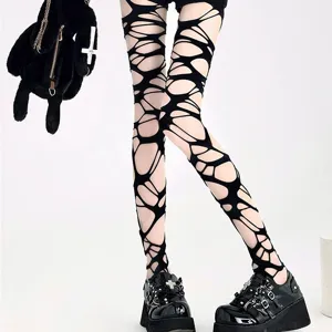 Plus size black distressed hosiery irregular cutout footed tights for women edgy gothic style.