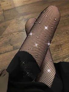 Femmes sexy collants résille strass bas noirs résille scintillants mode collant été