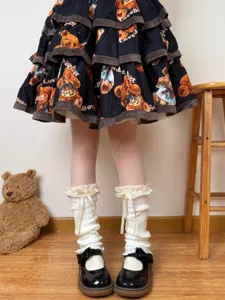 Sweet Lolita lace ruffle leg warmers detailed view with cute bear skirt and shoes.