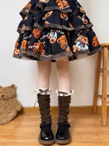 Sweet Japanese Lolita knit leg warmers featuring lace ruffles and bows for daily JK fashion.