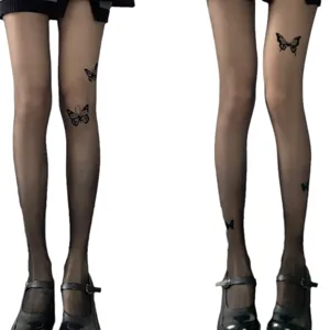Women black sheer pantylhose with cute butterfly print, sexy y2k style hosiery for spring autumn.