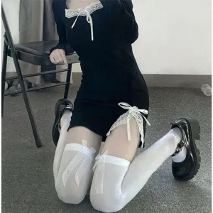 White over the knee thigh high socks with bows, sweet lolita knee high stockings for women.