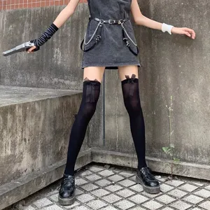 Black over-the-knee high socks with cute bows, dark style JK Lolita thigh high stockings for women.