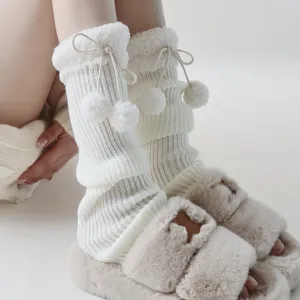 White knitted leg warmers with fluffy pom poms cute winter cozy slouchy socks daily