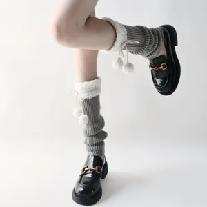 Japanese knit leg warmers with fluffy pom pom drawstrings winter warm jk boot cuffs socks