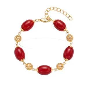 Bracciale placcato oro con imitazione agata rossa da donna, elegante stile cinese