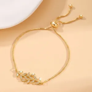 Bracciale foglia in zircone dorato da donna, elegante design a catena scorrevole, gioiello versatile.