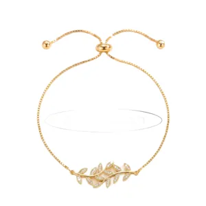 Bracciale scorrevole in zircone a foglia placcato oro da donna, gioiello di lusso regolabile.