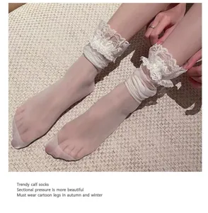 White sheer lace calf socks detail shot, ultra-thin summer mid-tube hosiery for women.