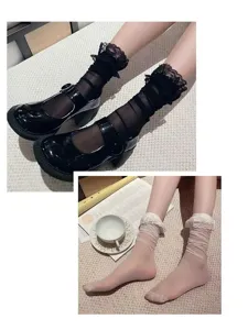Sheer lace ruffle mid-calf socks for women, ultra-thin summer stockings with cute floral lace.