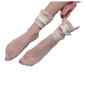 Sheer white lace ruffle socks for women, ultra-thin summer sheer crew socks for stylish outfits