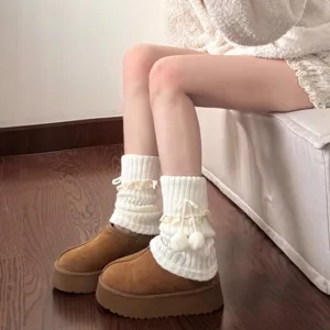 Winter thick knit leg warmers with cute lace and pom poms for women JK lolita cute socks
