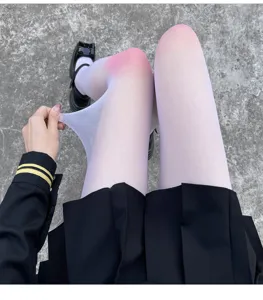 Summer ultra-thin gradient pantyhose with blush knee effect, sheer JK style white tights for women.