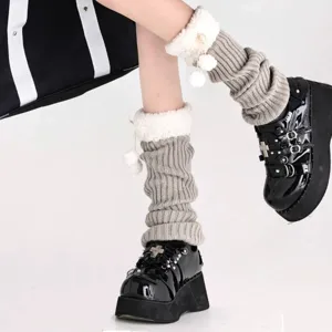 Knitted Leg Warmers Sherpa Trim Pom Pom Winter Warm Boot Cuffs Cute Fashion Accessory