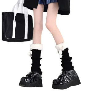 Women winter knit leg warmers with fleece cuff and cute pom poms warm gothic cosplay socks