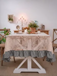 Pastoral crochet lace tablecloth with black and white checkered ruffle hem for dining room.
