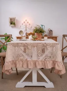 Pastoral crochet lace tablecloth with check ruffled edge, woven geometric hollow design.