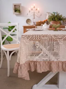 Vintage rustic lace tablecloth with brown plaid ruffle, elegant crochet dining table cover.