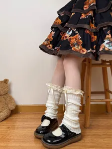 Sweet Japanese Lolita white lace bow knitted leg warmers cute slouch socks for women.