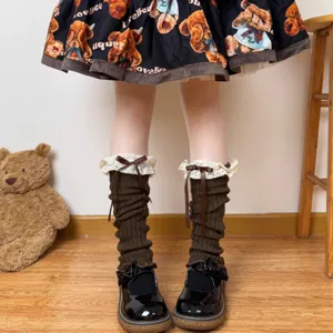 Sweet Lolita knit leg warmers with delicate lace ruffles and brown bows, perfect for JK style.