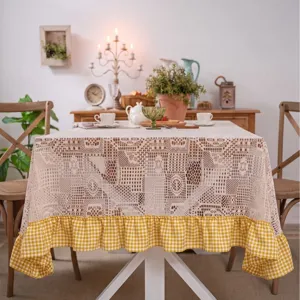 Pastoral Crochet Hollow Tablecloth Rectangular Plaid Ruffle Table Cloth Vintage Lace Splicing Home Dining Table Cover Decor