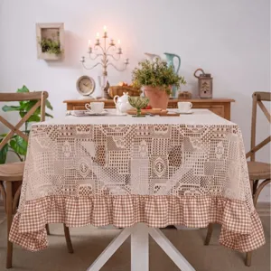 Pastoral crochet lace tablecloth with checkered ruffle border, elegant dining table cover.