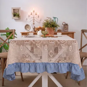 Pastoral lace tablecloth with blue check ruffle vintage crochet cover for dining table